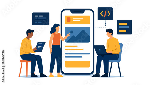 developers coding mobile app interface with tablets and laptop