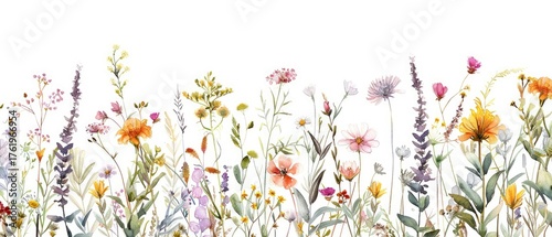 Watercolor meadow flowers illustration on white. Floral border, invitation design