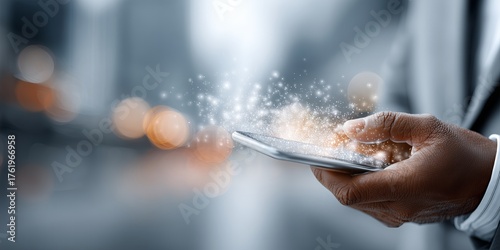 African American man holding smartphone with glowing particles emanating from screen, showcasing digital interaction and modern technology in a blurred urban environment