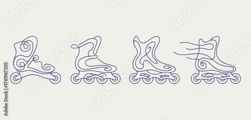 Continuous Line Art Drawing Set of Inline Skates. Minimalist Contour Vector Icons for Sport and Leisure.