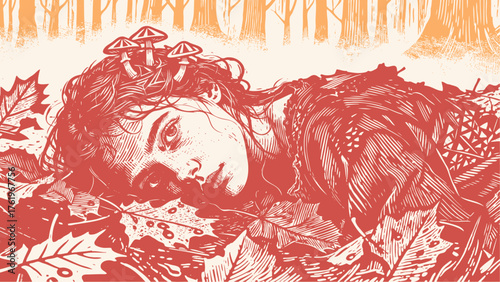 Mythical woman or forest spirit sleeping in autumn leaves with mushrooms. Vintage vector illustration in a classic engraving or woodcut style.