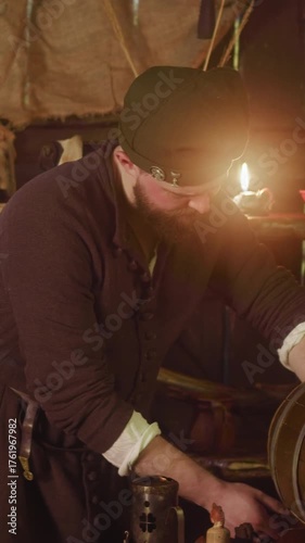 Barkeeper pours ale from barrel and turns to counter at inn. Plump bartender in medieval suit looks with servile smile at guest in tavern. Fantasy world