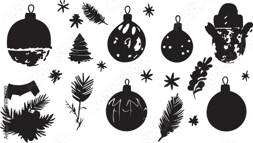 A collection of festive Christmas tree balls and decorations for a winter holiday celebration illustration