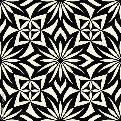 Seamless black and white geometric pattern illustration radiating floral elements background