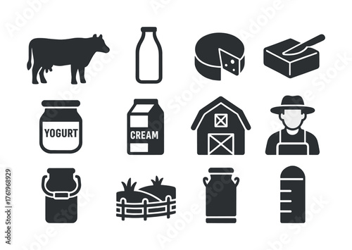 Dairy farm icons: cow, milk bottle, cheese wheel, butter, yogurt, cream, barn, farmer, milk can, farm, silo