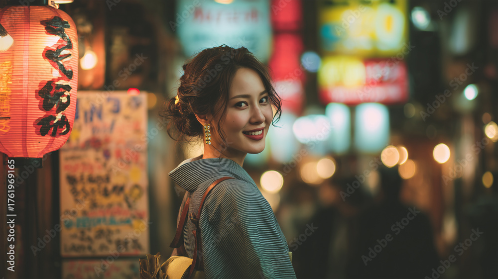 Fototapeta premium 女性が夜の繁華街で藍の羽織を纏い微笑みながら振り返る