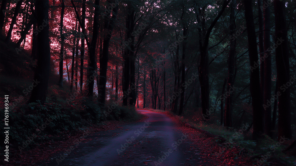 Obraz premium 青みの夕景で赤い森を貫く細い林道が斜めに走る静かな黄昏の風景