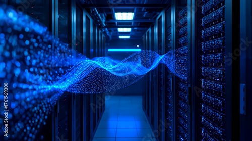 an abstract digital wave passing through rows of server racks, highlighting the data processing and network activity