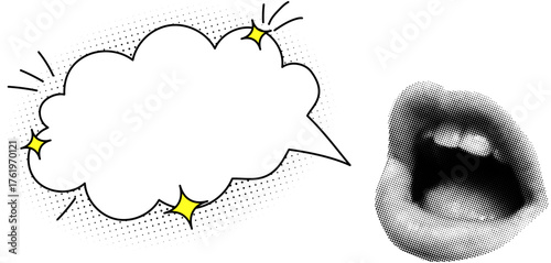 Halftone collage retro banner template, mouth and speech bubble, empty space for text, cloud and explosion in a comic style. Paper cut elements, pop art style, lips, red background.