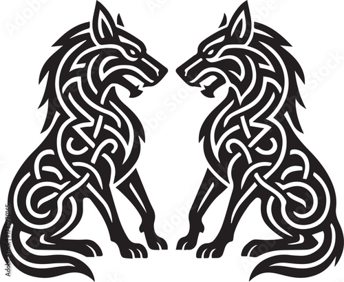 Tattoo design of two tribal wolves