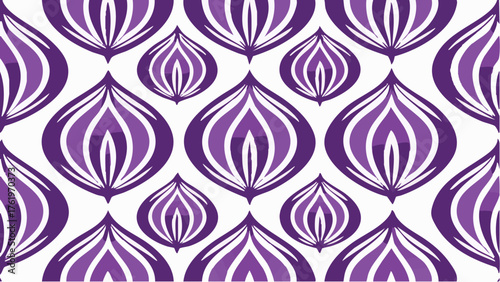 Abstract floral pattern with bold purple shapes over white background is eye catching