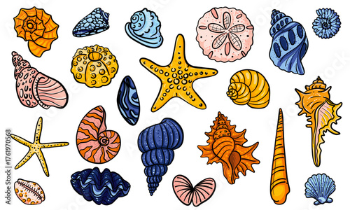 set of various tropical colored seashells, corals, stars. flat colored illustration of isolated objects. For summer designs, marine and beach-themed prints, nature projects, or educational materials
