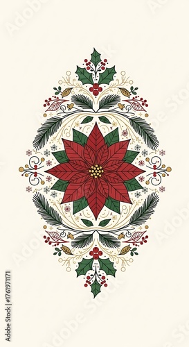 Elegant Christmas Poinsettia Ornament with Holly and Berries.