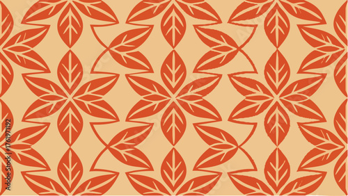 Aesthetic leaf pattern design in orange and beige tones with geometric repetition background