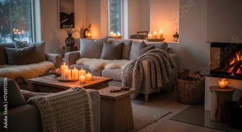 Cozy Scandinavian Living Room with Lit Candles and Fireplace isolated on White Background