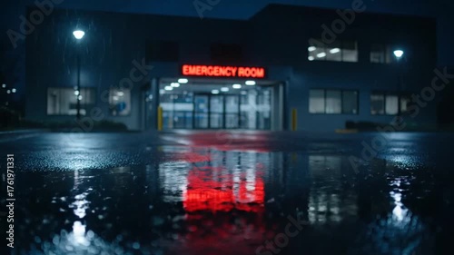 Cinematic Low Angle of a Hospital Emergency Room Entrance on a Dark and Rainy Night with Reflections