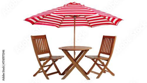 Cafe table with chair and parasol umbrella isolated on white background.