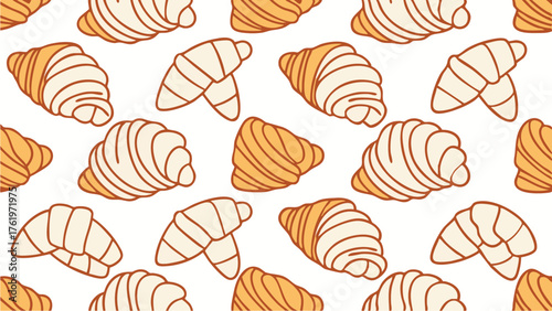Seamless pattern design featuring croissants in pastel shades and outlined details creating a food
