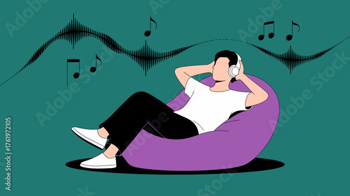 Young man relaxing comfortably in a large purple beanbag chair wearing headphones and enjoying music with sound waves and musical notes floating above