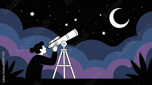 A person gazes through a telescope at the starry night sky filled with clouds and a crescent moon