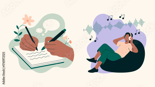 Two hands writing in a notebook and a person listening to music with headphones representing creativity and relaxation