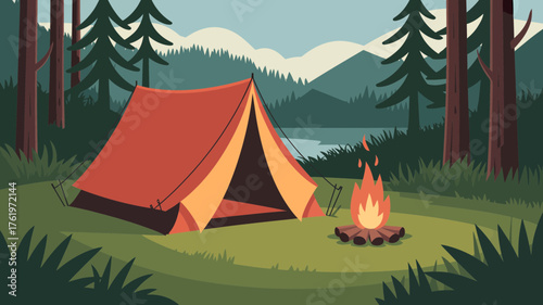 Cozy orange tent set up in a peaceful forest clearing with a warm campfire burning beside a serene lake and majestic mountains in the background