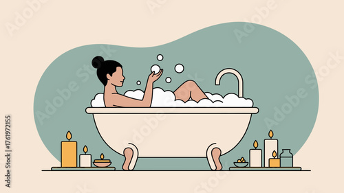Relaxing woman enjoying a bubbly bath with candles and soft lighting for a peaceful self care moment at home