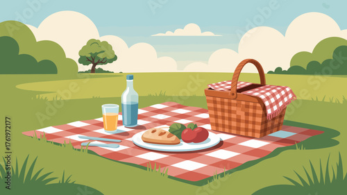 A charming illustration of a classic red and white checkered picnic blanket spread on a grassy field with a basket and food