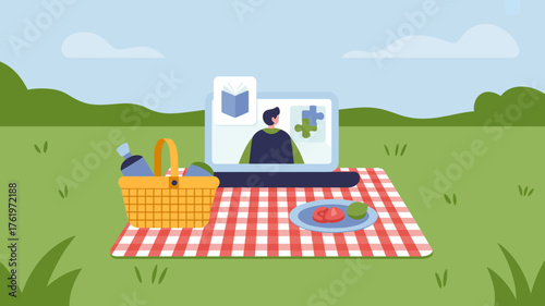 Enjoying a virtual picnic outdoors with a laptop displaying a video call and a picnic basket on a checkered blanket