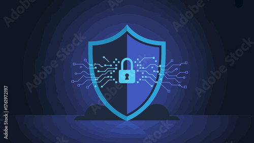 Digital shield with a glowing padlock and circuit board elements symbolizing cybersecurity and data protection