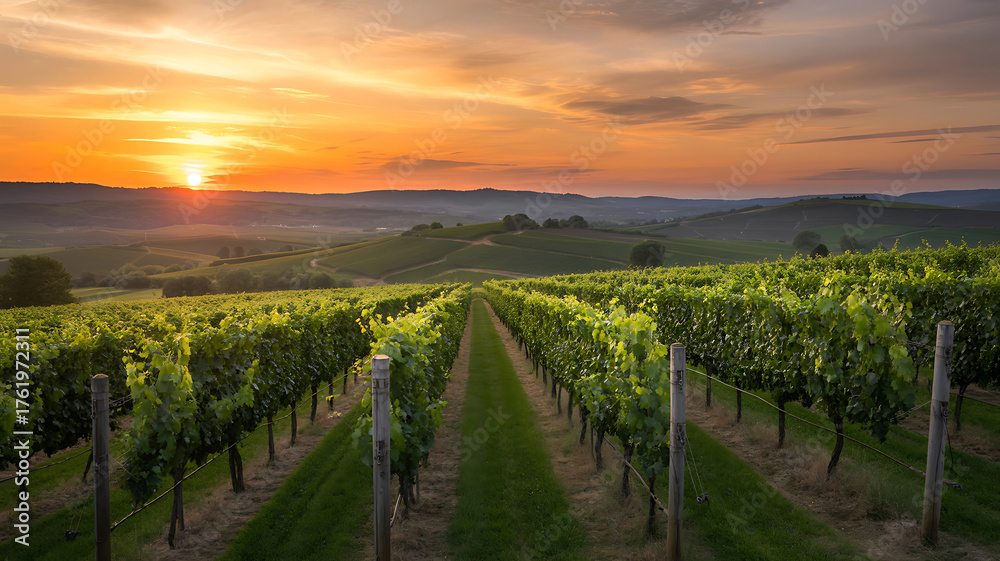 Fototapeta premium Golden sunset over rolling vineyard landscape