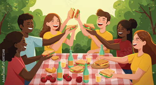 Diverse group of friends toasting drinks at a picnic in a park with a red and white checkered tablecloth.