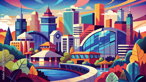 Very beautiful abstract vector illustration of an Arkansas cityscape, featuring modern buildings, artistic brush textures, and vibrant colors that blend urban energy with creative expression in a 