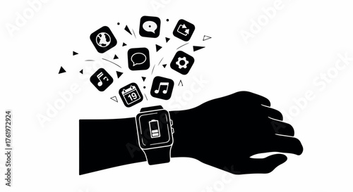 Smartwatch displaying battery life surrounded by a burst of app icons