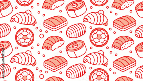 Seamless pattern with cute sushi illustrations, perfect for food blog backgrounds and japanese