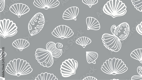 Elegant sea shell seamless pattern on gray background, summery ocean theme design creates a calm
