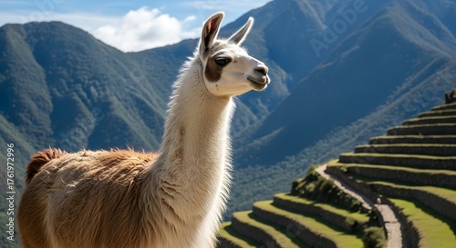Llama at Machu Picchu - A Majestic Andean Scene.