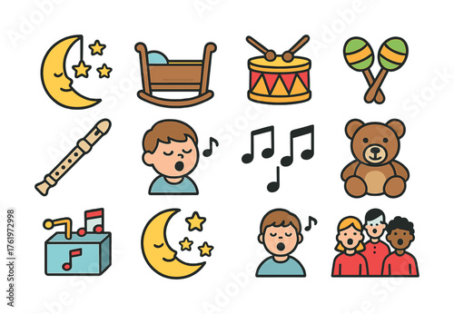 Children's music and sleep symbols: moon, instruments, singing, teddy bear