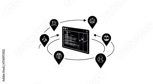 Digital data network connecting diverse global locations and ideas through technology.