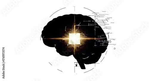 Futuristic brain concept with glowing digital circuit at its center, representing artificial intelligence and innovation.