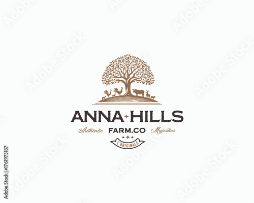 old dairy farmland cow, duck, chicken farm livestock logo 