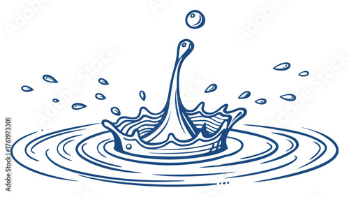 Water Splash Droplet Ripples Clean Environment, line art illustration of a water droplet creating a splash with concentric ripples, symbolizing freshness and purity