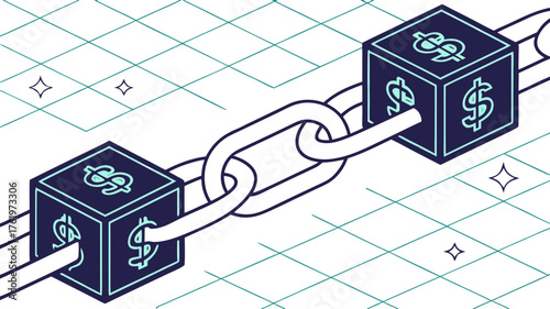 Vector illustration of Blockchain Technology Cryptocurrency Financial Network Illustration Abstract Background, Showing interconnected blocks with dollar symbols forming a chain