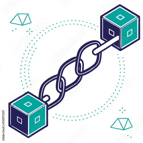 Vector illustration of Blockchain Data Link Connection Technology, Depicting two abstract blocks connected by a chain, symbolizing blockchain technology and secure data links