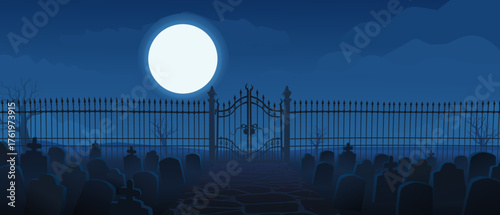 Dark, eerie, and foggy graveyard illustration under a glowing full moon. Features tombstones, a wrought iron fence, and a gate. Halloween horror theme