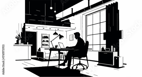 Silhouette of a person working diligently on a laptop in a modern, sunlit loft office space.