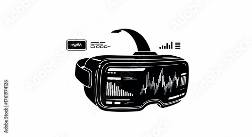 Futuristic virtual reality headset displaying data and graphs, symbolizing innovation and advanced technology.