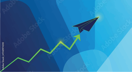 Paper airplane soaring upwards on a vibrant green arrow, symbolizing growth and ambition.