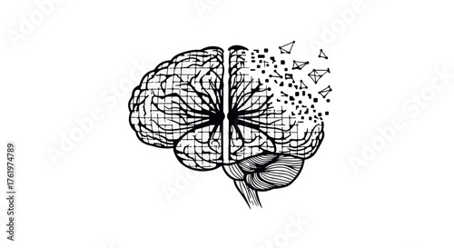 Conceptual illustration of a brain fragmenting, symbolizing memory loss or cognitive decline.