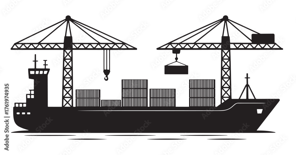 Obraz premium Silhouette of a cargo ship being loaded with containers by cranes.